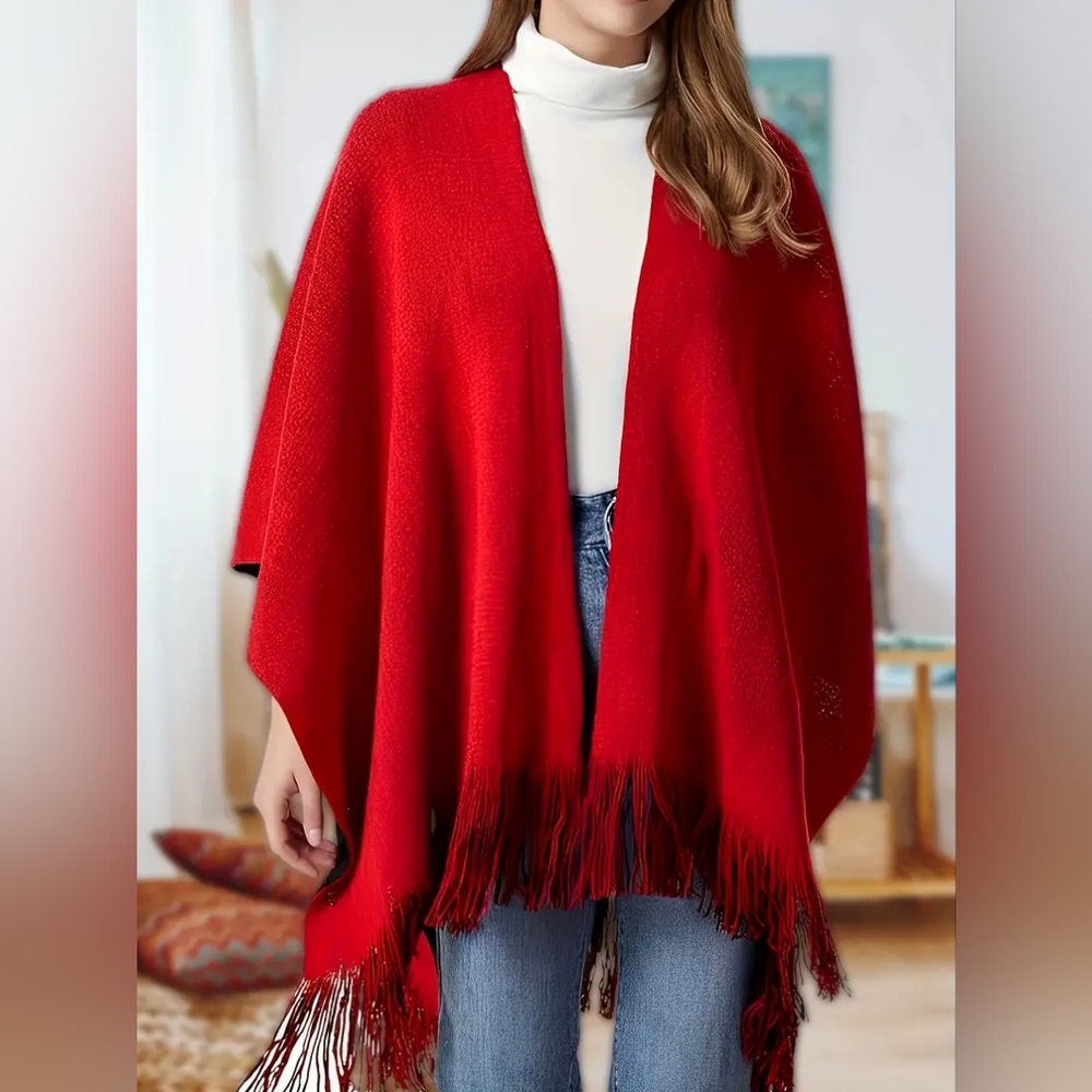 Indigo Red Fringe Poncho